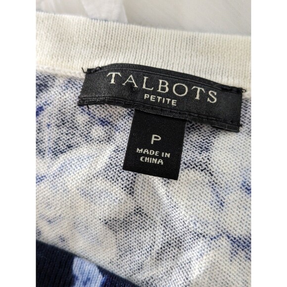 Talbots Sweater Women's sz P (XS) Petite India Ink Blue Bird Floral Toile Scoop - Picture 2 of 13